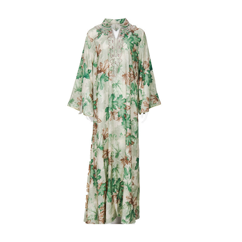 Printed Long Sleeve Summer Gown Dress With Flowing Silhouette