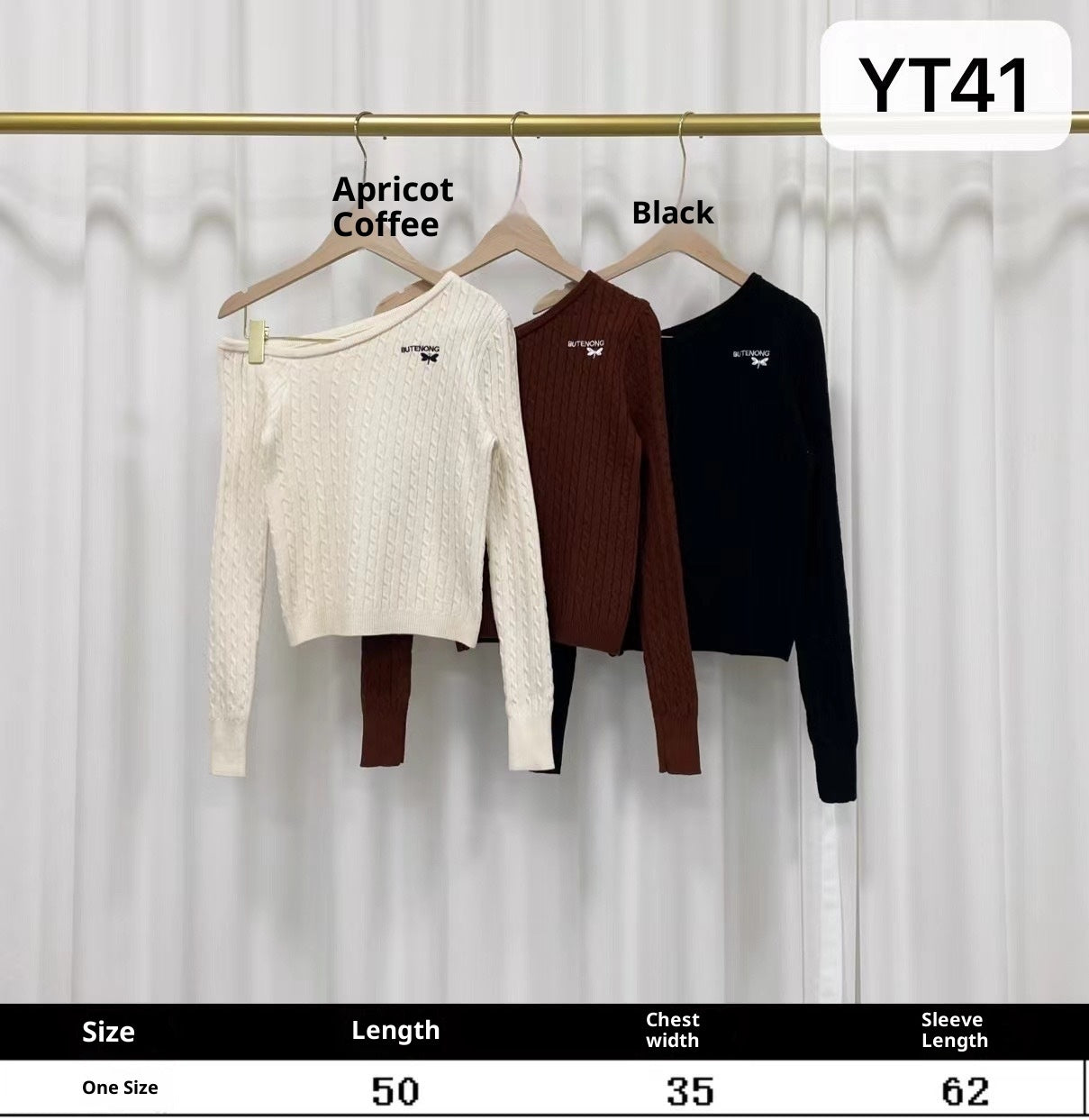 Off-Shoulder Embroidered Knit Long Sleeve Slim Fit Short Top