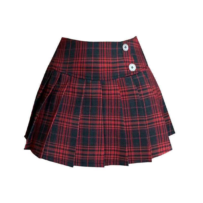 Spring Summer Plaid Pleated Mini Skirt With Button Detail