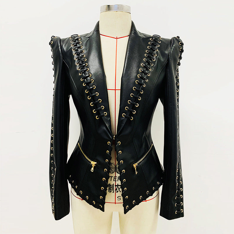 Heavy Industry Eyelet Rope Slim PU Coat And Skirt Set