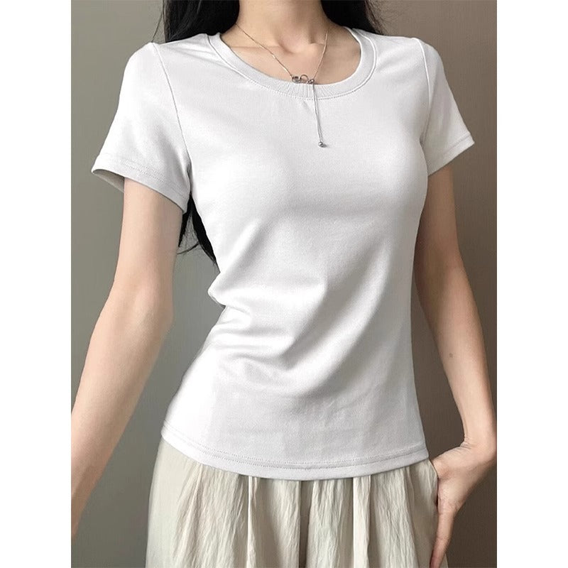 Korean Style U-Neck Cotton Short Sleeve Slim Fit Summer Basic Top