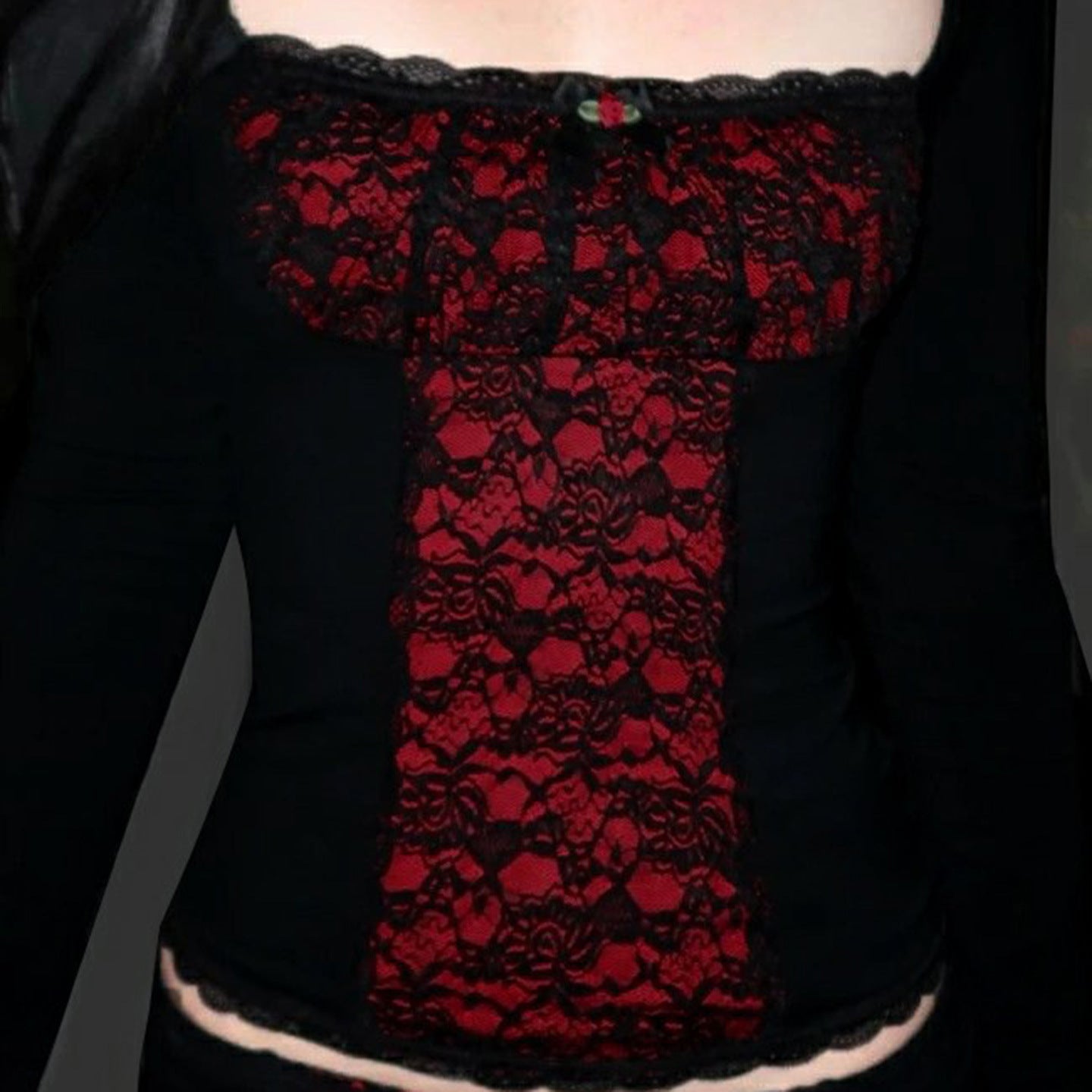 Lace Patchwork Ruffled Long Sleeve Slim Fit Dark Aesthetic Blouse