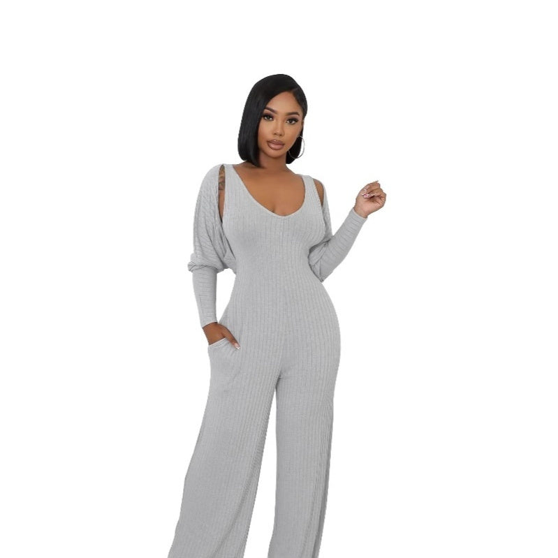 High Stretch Ribbed Jumpsuit Set With Backless Detail And Puff Sleeves