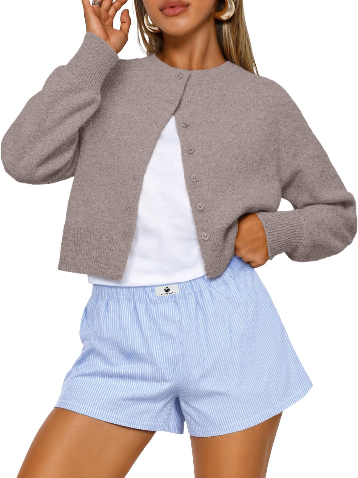 Cropped Button-Front Crewneck Knit Sweater For Women
