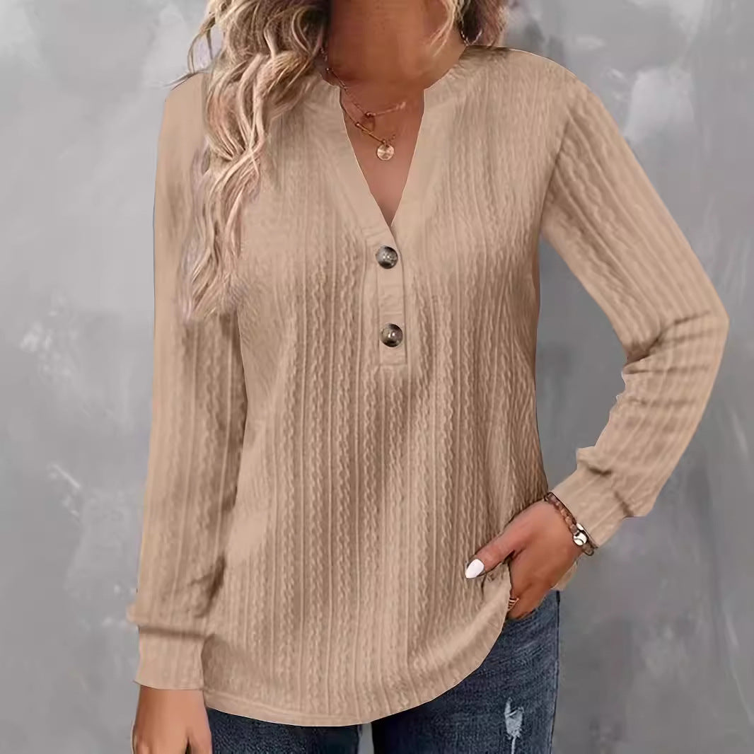 Women's Long Sleeve V-Neck Buttoned Solid Color Casual T-Shirt