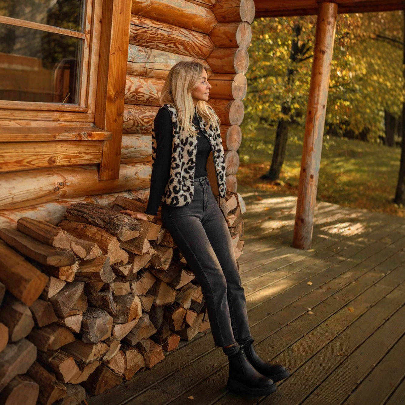 Leopard Pattern Faux Fur Sleeveless Cardigan Warm Winter Vest