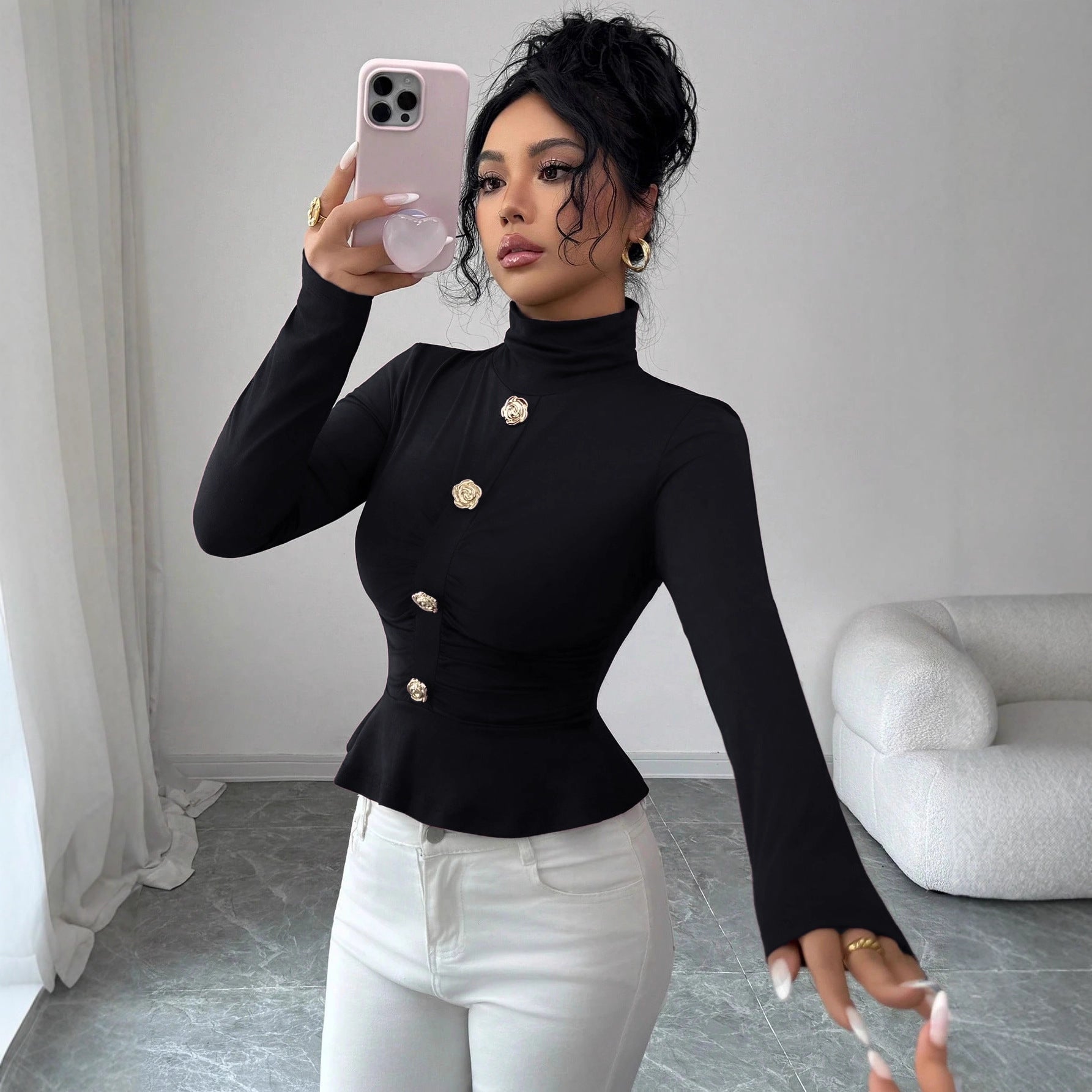 High Neck Pleated Slim Fit Long Sleeve Elegant Autumn Winter Top