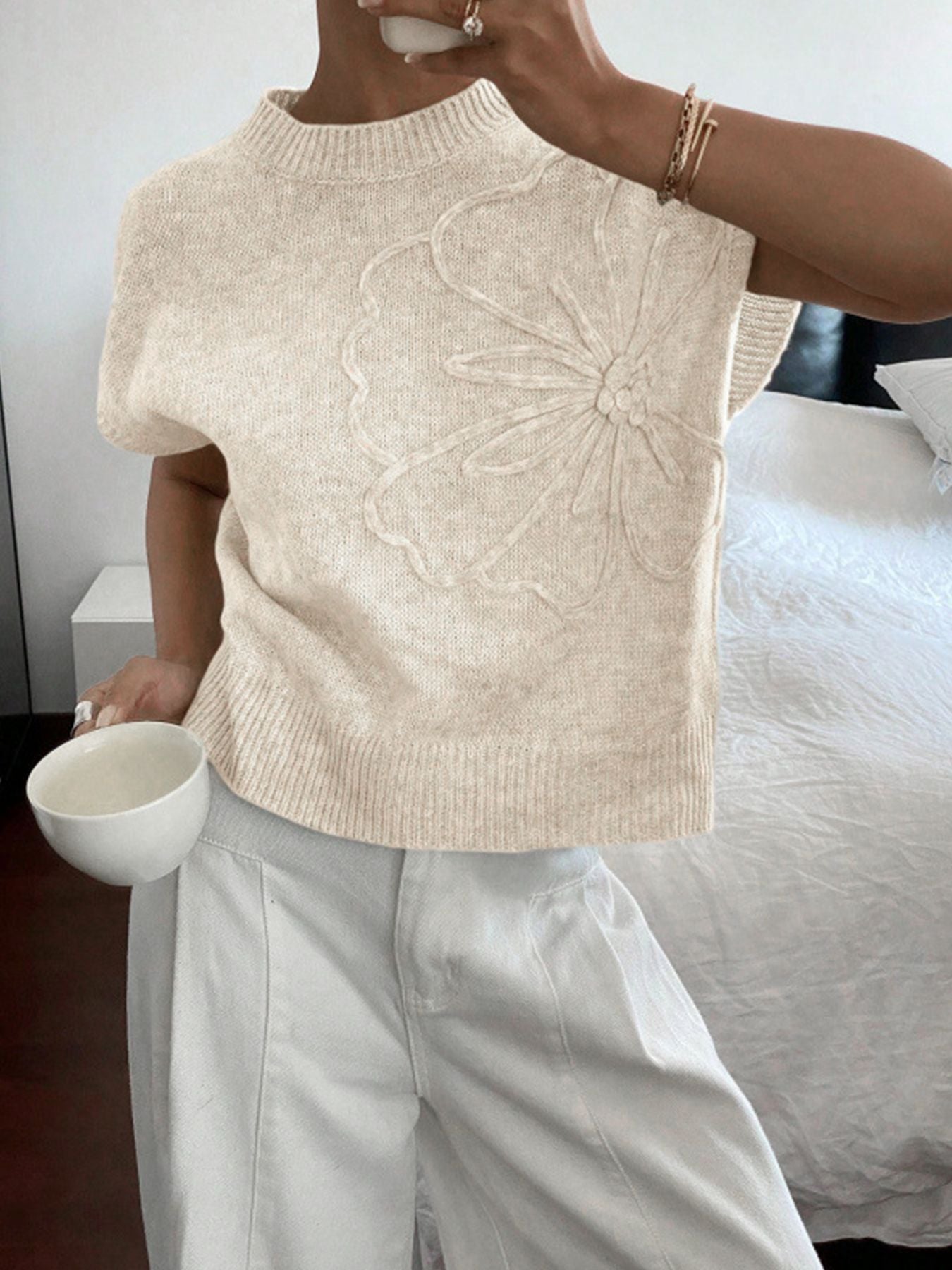 Gray Apricot Floral Jacquard Knitted Top For Women