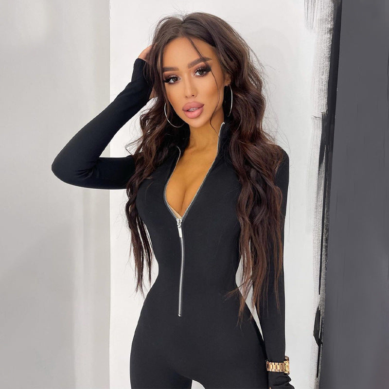 Long Sleeve Metal Zipper Jumpsuit With Mid Rise Fit
