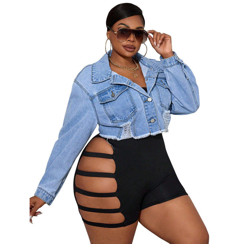 Trendy Ripped Denim Long Sleeve Jacket For Women
