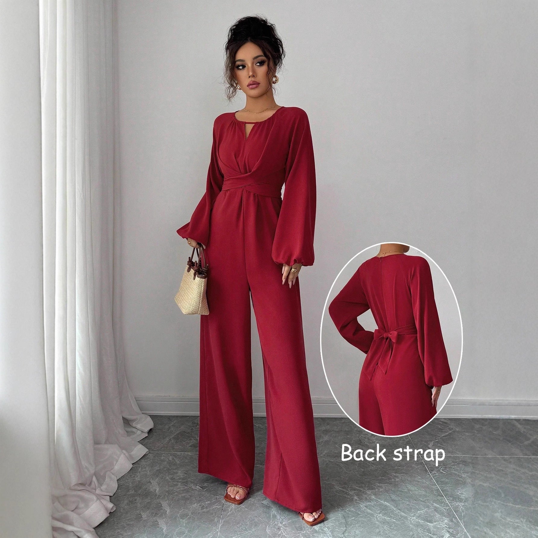 Square Neck Wide Leg Jumpsuit With Elegant Lantern Sleeves