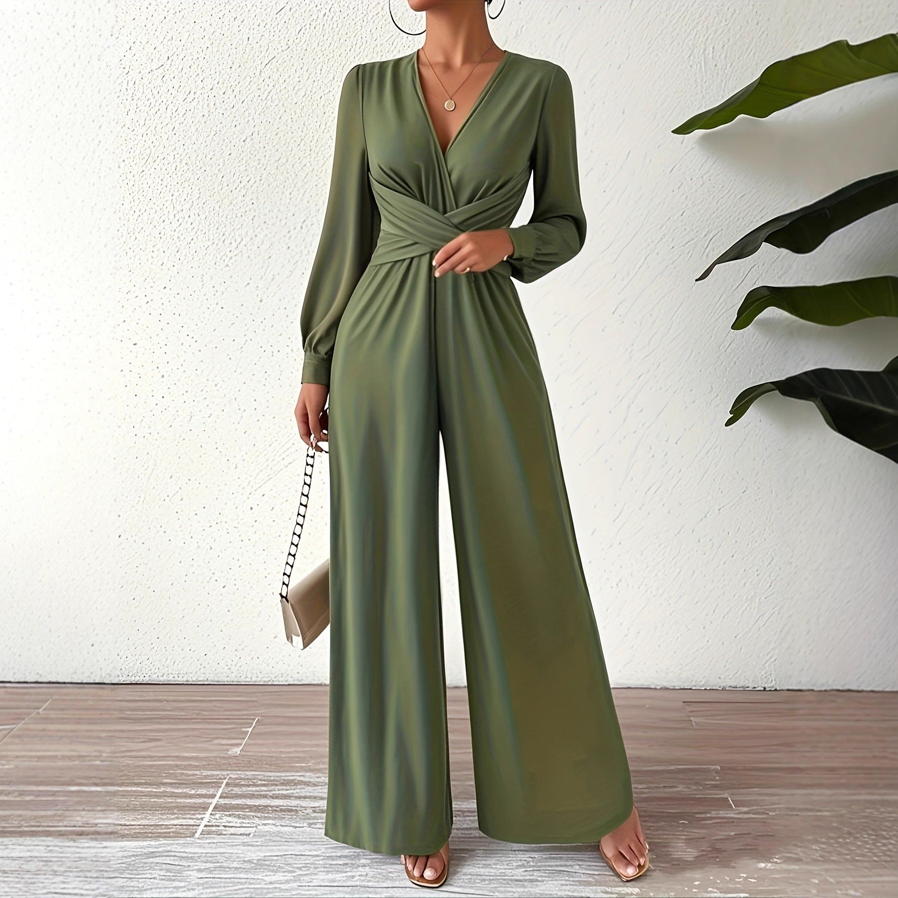 Elegant V Neck Tie Waist Jumpsuit With Straight Leg Fit