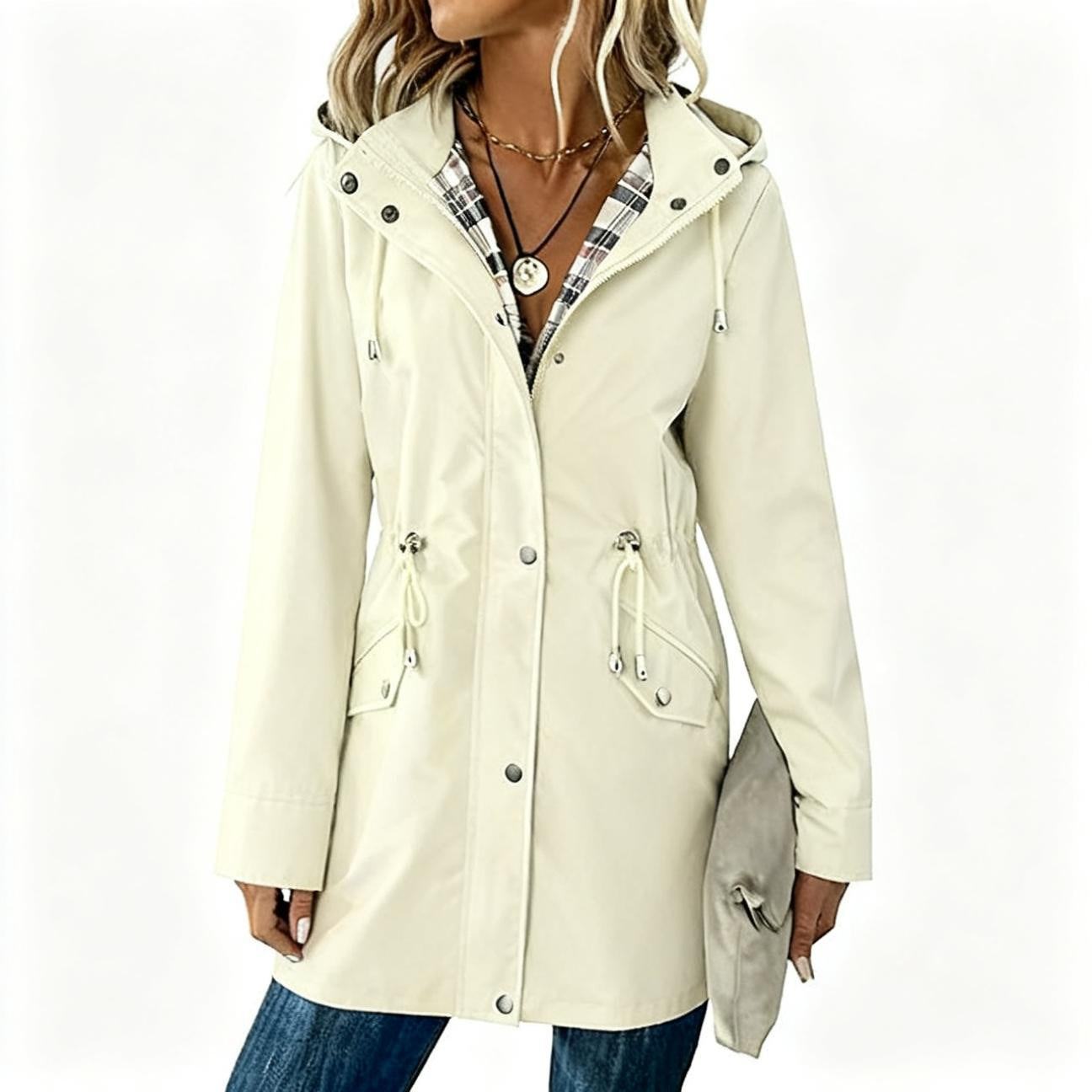 Plaid Hooded Drawstring Nipped-Waist Coat For Stylish Everyday Wear