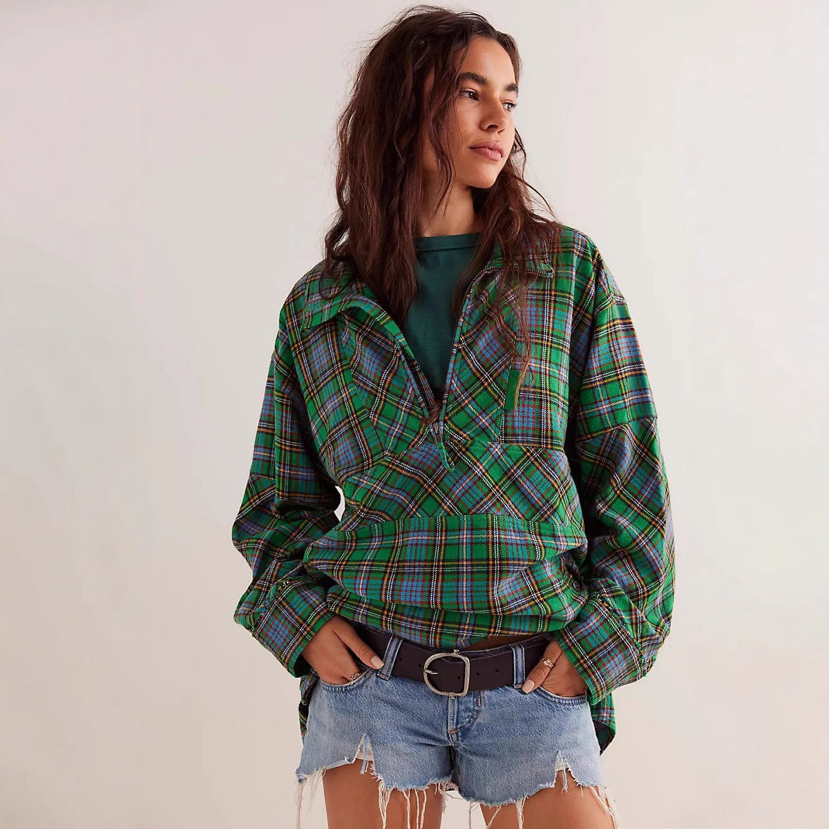 Women's Half-Zip Plaid Loose Fit Long Sleeve Casual Pocket Shirt