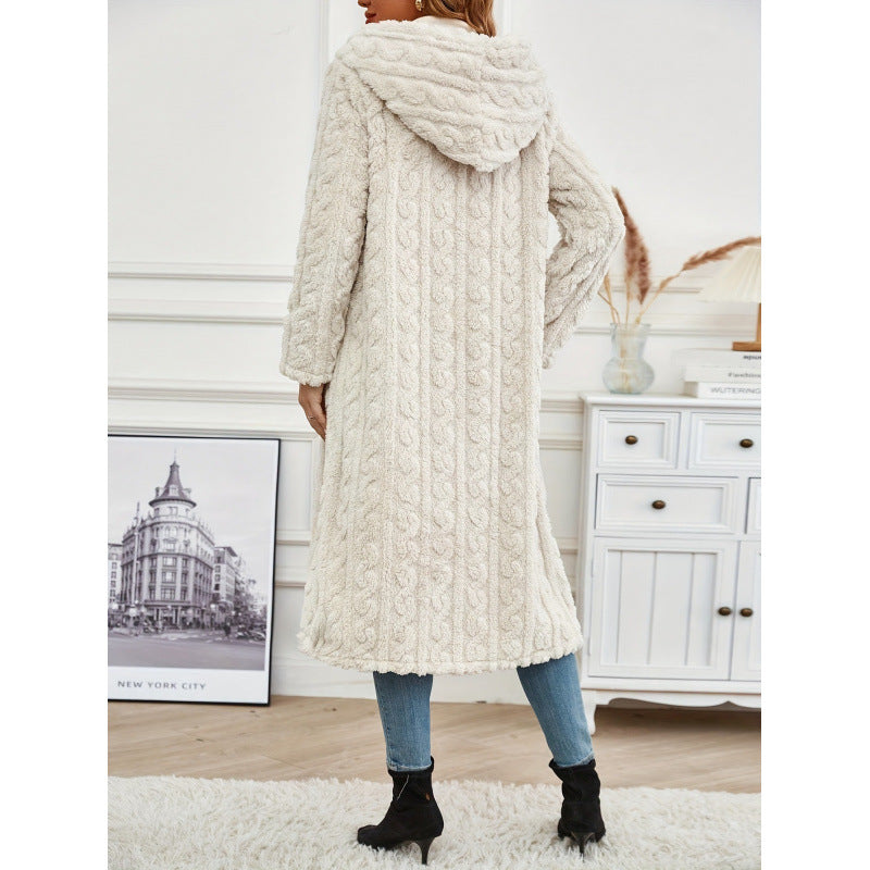 Long Hooded Wool Blend Coat With Button Closure