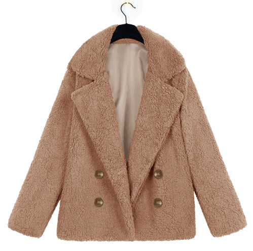 Plush Button Lapel Pocket Coat Women's Autumn Winter Warm Jacket