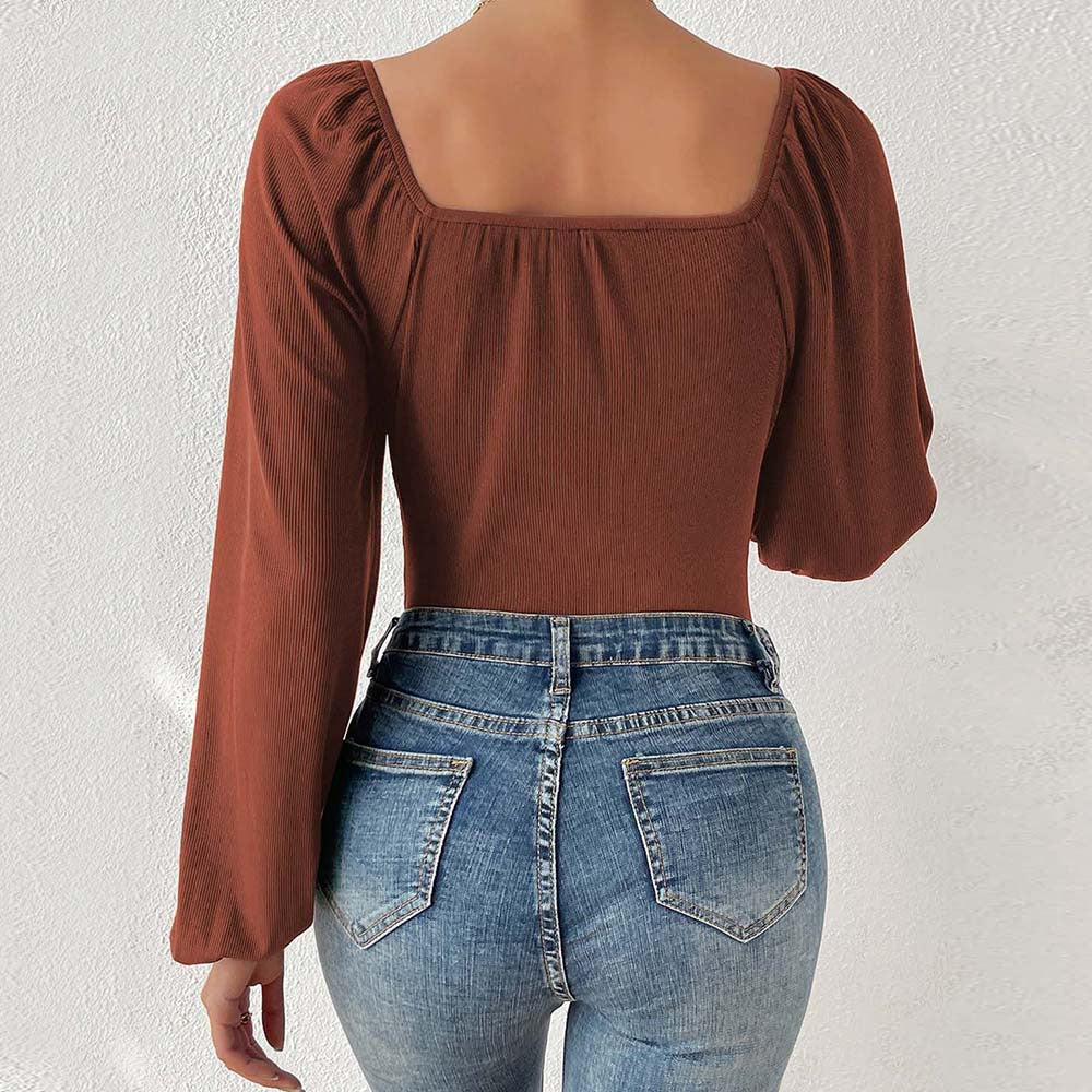 Square Neck Lantern Sleeve Jumpsuit With High Waist And Tapered Pants