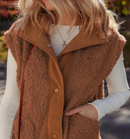 Snap-Front Faux Fur Plush Vest With Side Knot and Pockets