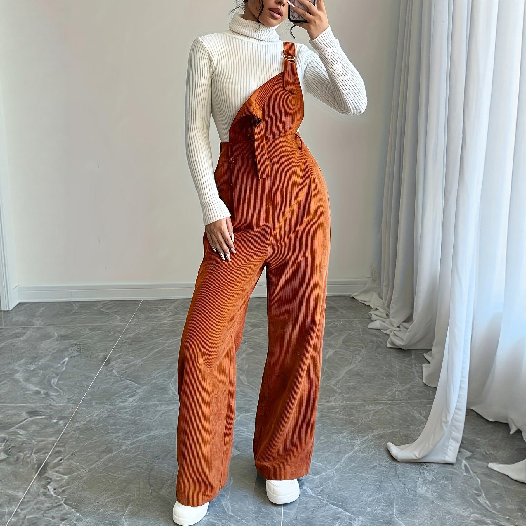 Corduroy Loose Fit Bib Pants With Straight Leg Silhouette