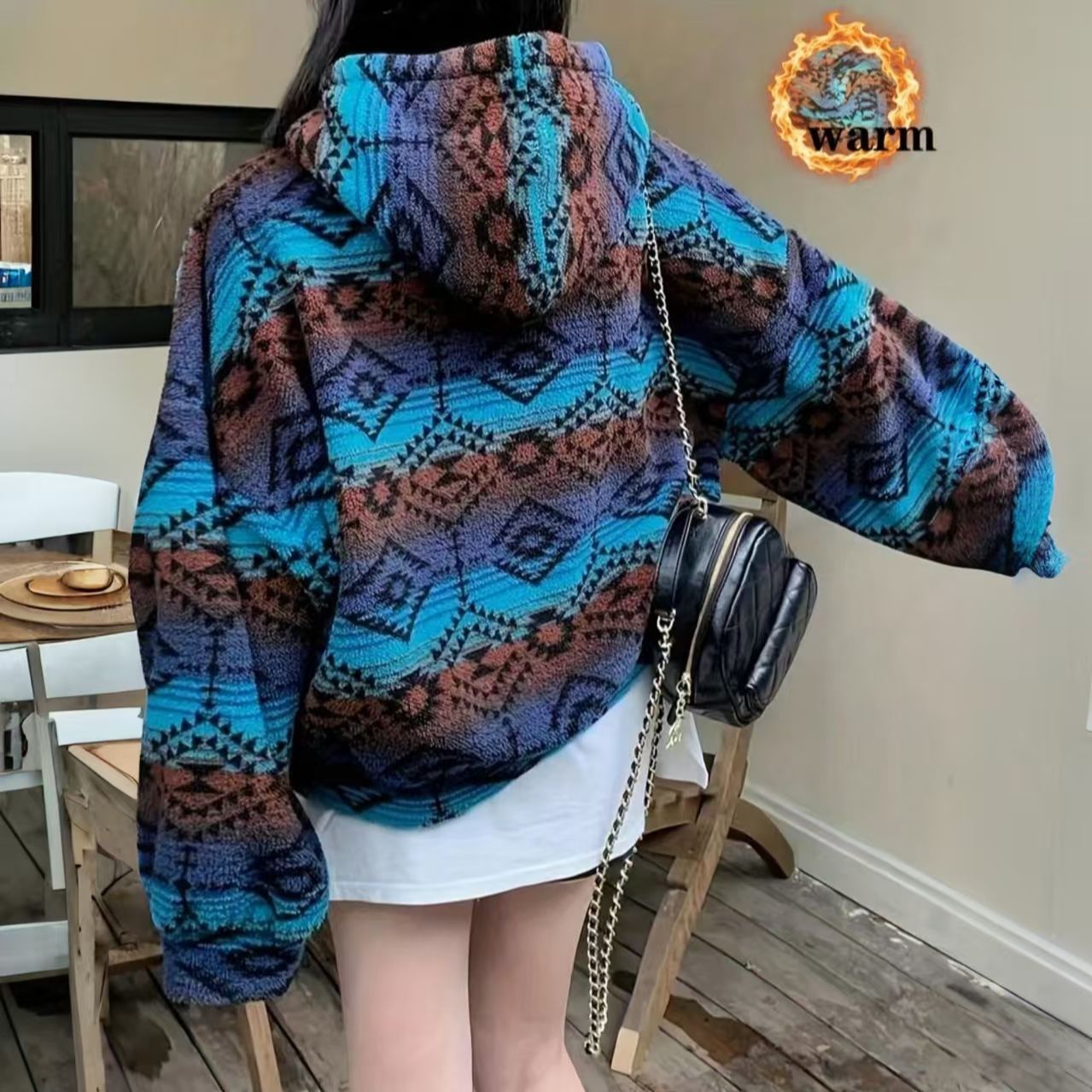 Reversible Color-Block Fleece Jacket With Printed Pattern For Comfort