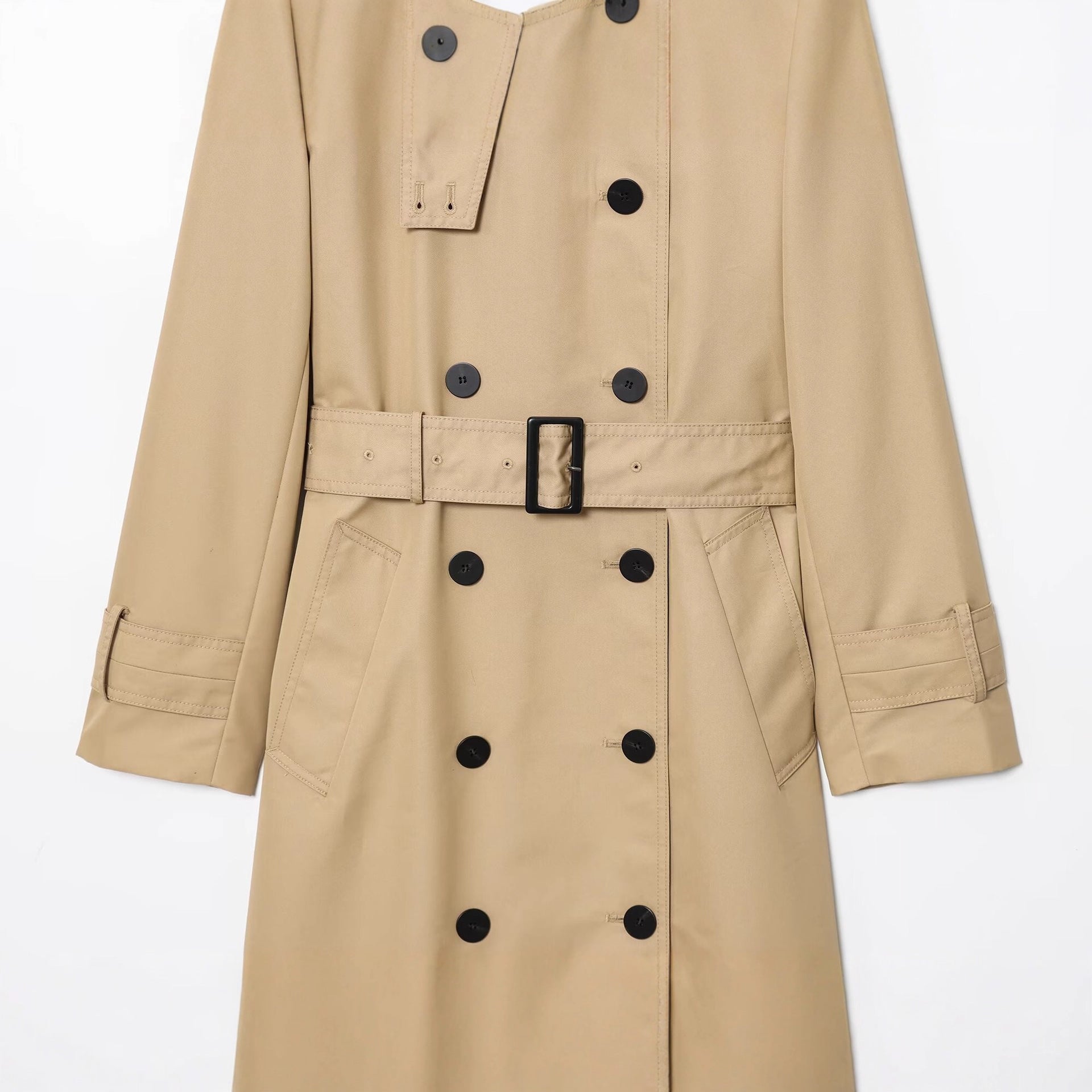 Long Double-Breasted Trench Coat With Drawstring Waist Detail For Commuting