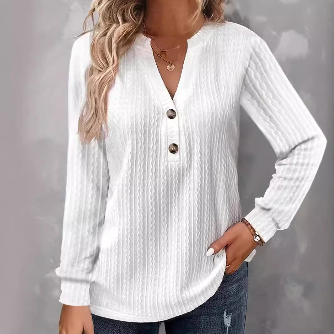 Women's Long Sleeve V-Neck Buttoned Solid Color Casual T-Shirt