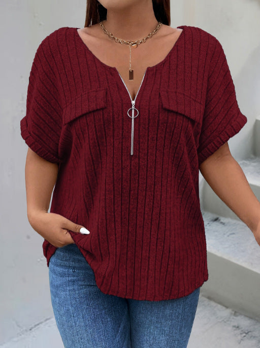 Zipper Accent Short Sleeve Loose Fit Casual Pullover Summer Top