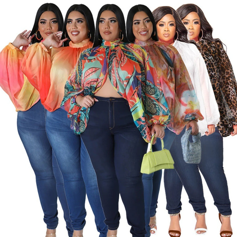 Plus Size Floral Batwing Sleeve Long Chiffon Tie-Detail Loose Top