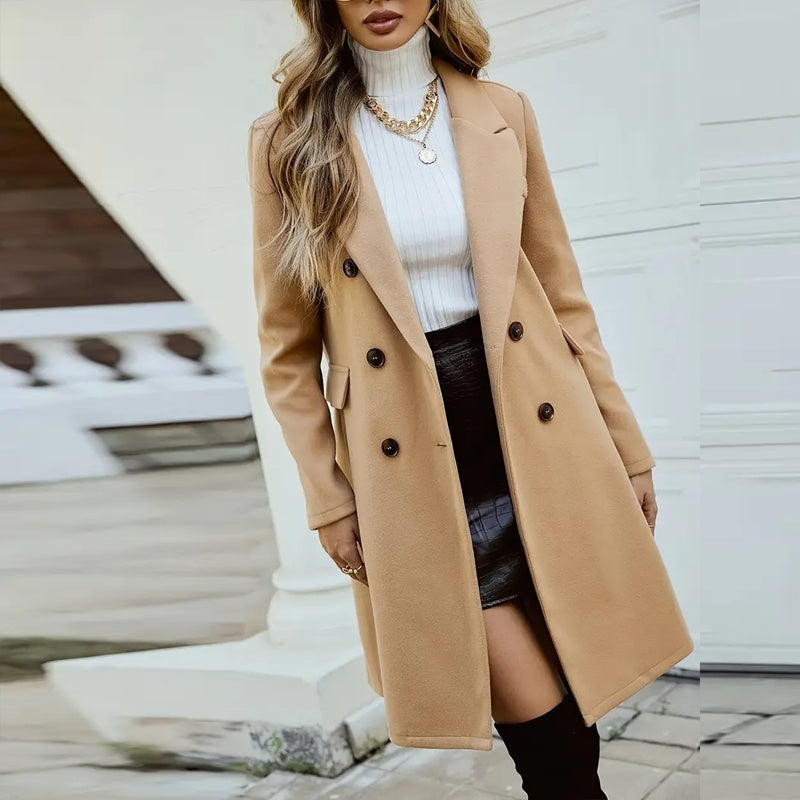 Classic Double Breasted Mid-Length Wool-Like Coat With Notch Lapel