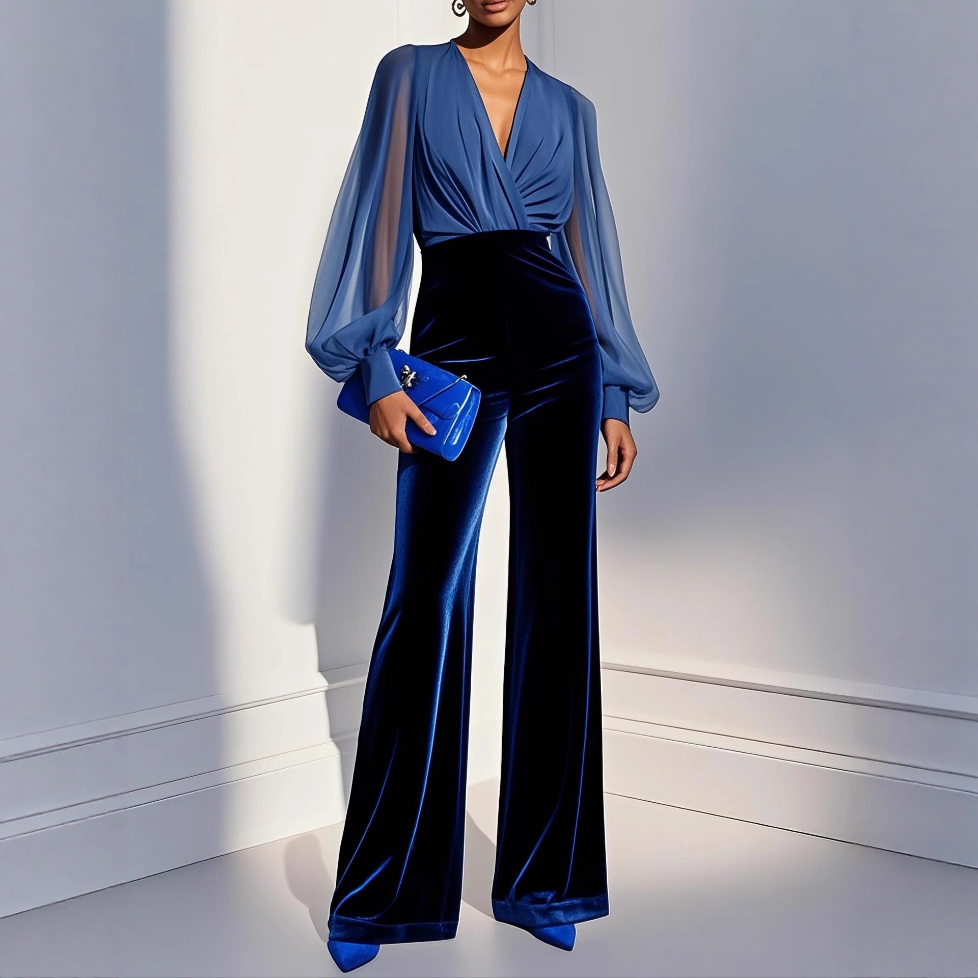 Elegant Velvet Long Sleeve Jumpsuit With Soft Luxurious Finish