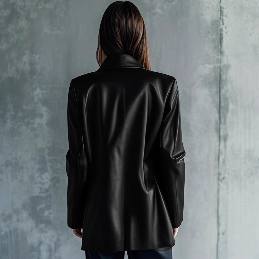 Elegant Mid-Length Black PU Leather Jacket For Women