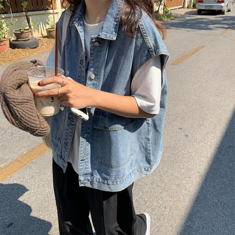 Loose Fit Sleeveless Denim Vest Casual Korean Spring Style