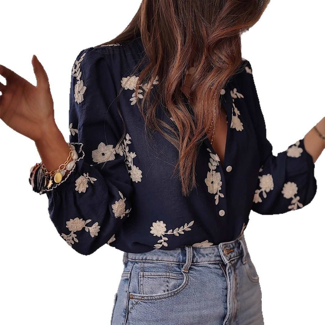 Women's Embroidered Chiffon Long Sleeve Elegant Western Style Blouse