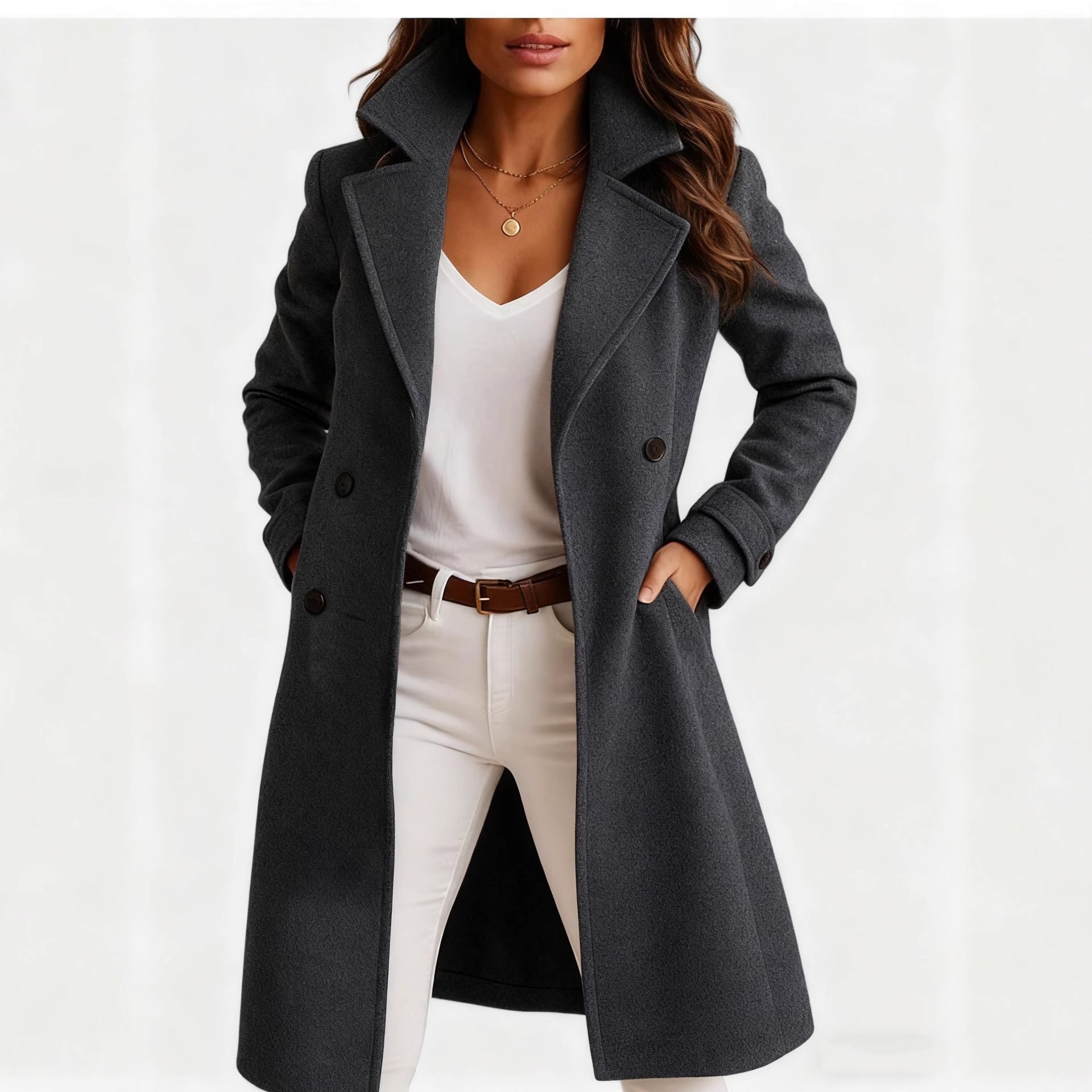 Single Breasted Mid-Length Lapel Coat With Pockets For Women