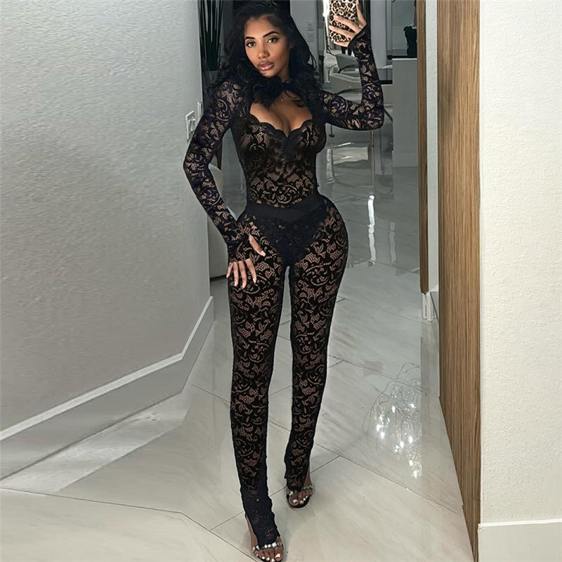 Lace Hollow Stitching Slim Fit Jumpsuit With Sheer Detailing