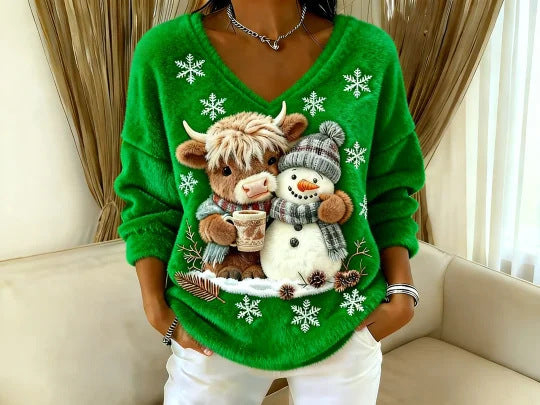 V Neck Christmas Sweater With 3D Digital Print And Regular Fit