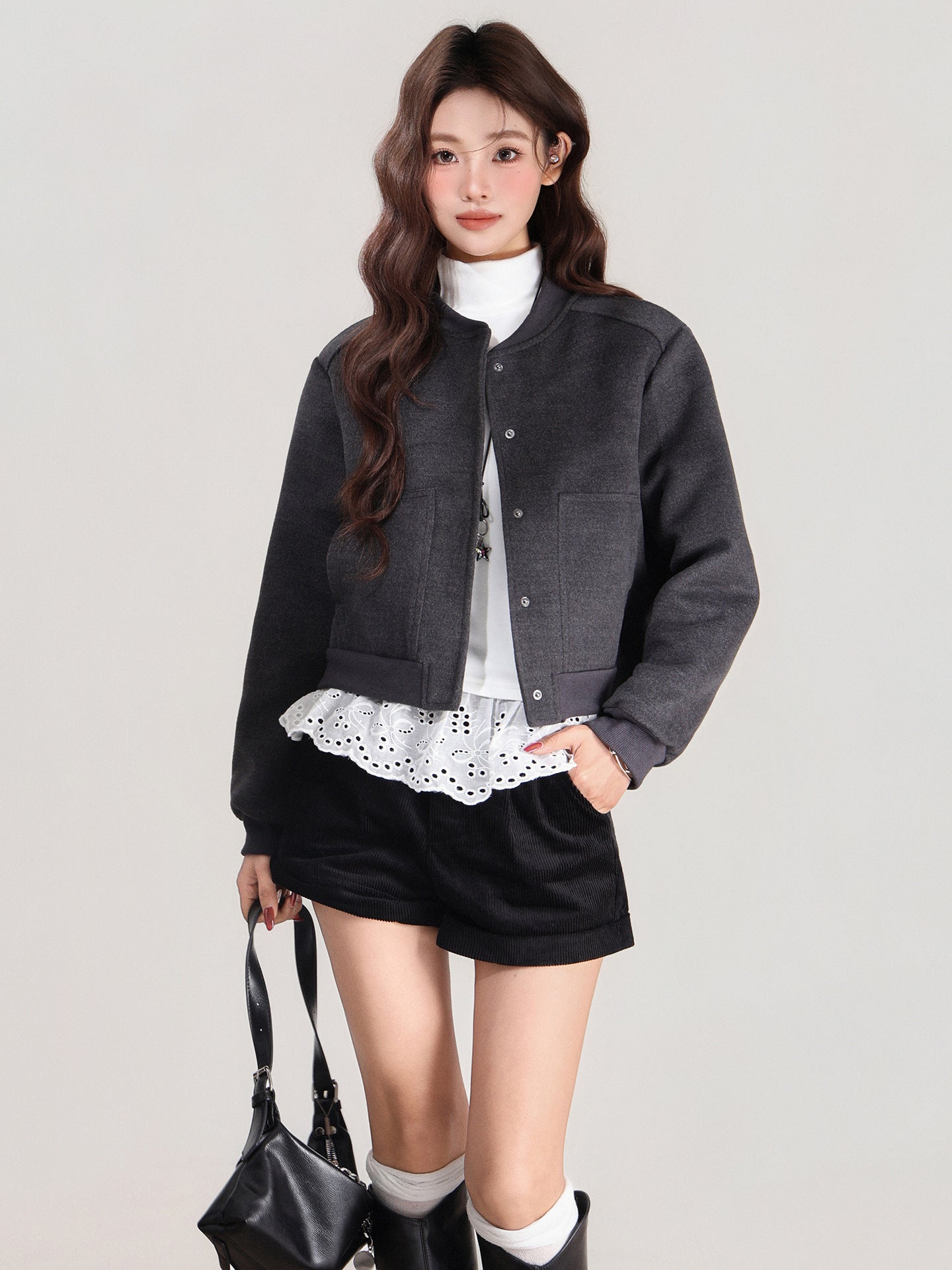 Heather Gray Baseball Short Jacket For Women