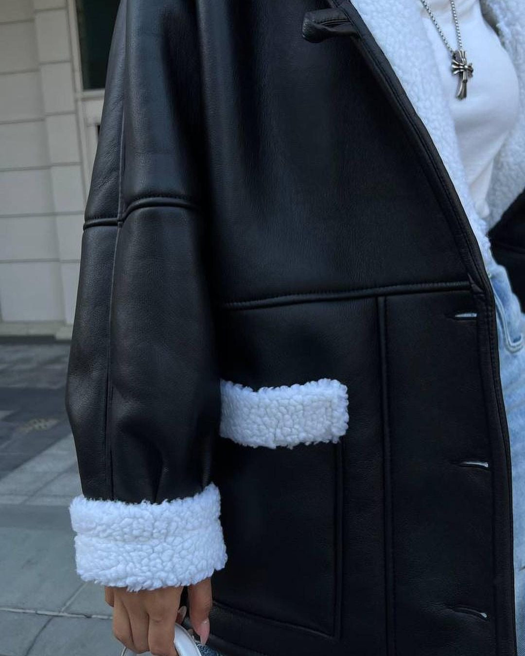Korean Style Faux Leather Fur Splice Midlength Women's Coat