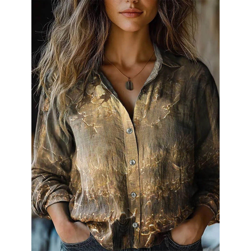 Vintage Retro Print Long Sleeve Lightweight Casual Button Shirt