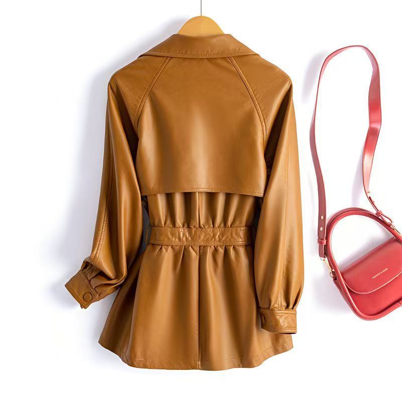 Plus Size Loose Fit Waist-Trim PU Windbreaker Jacket For Women