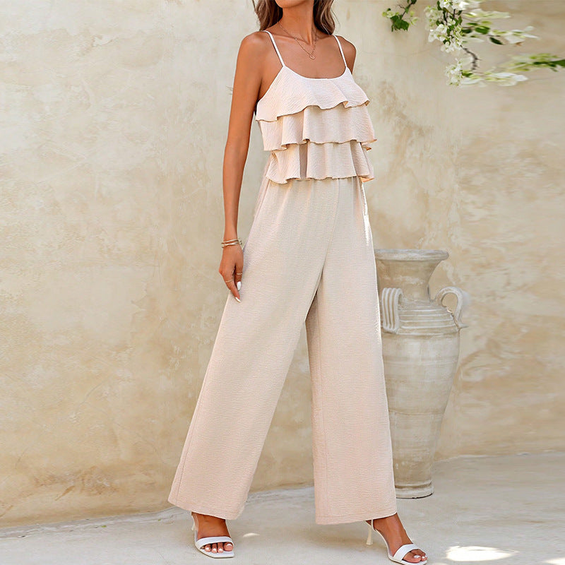 Ruffled Suspender Wide Leg Jumpsuit With Elegant Flowing Fit