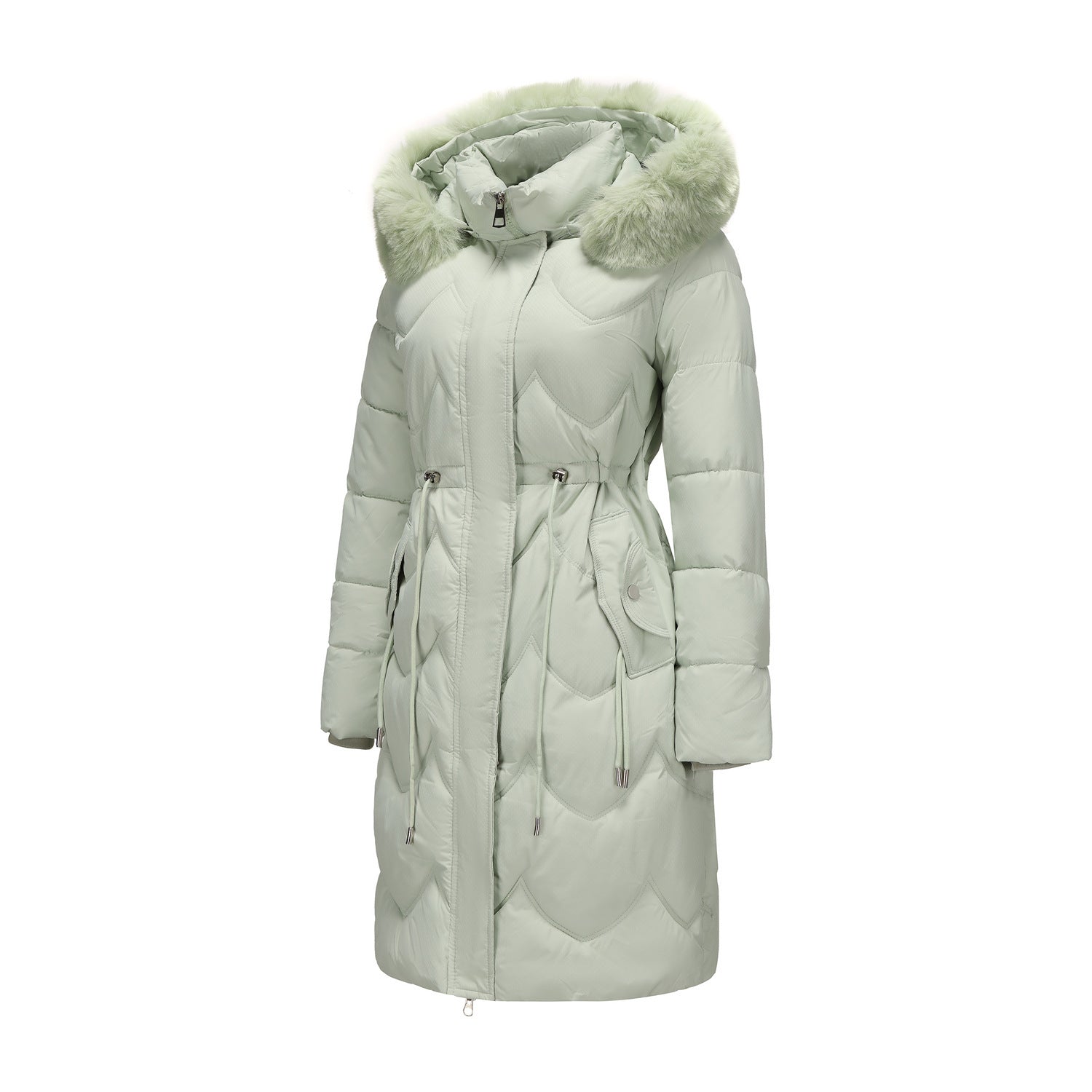 Women's Mid-Length Cotton Coat With Fur Collar And Belt