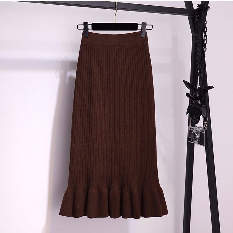 Slim Fit Lace Hem Knitted Pencil Skirt Mid Length