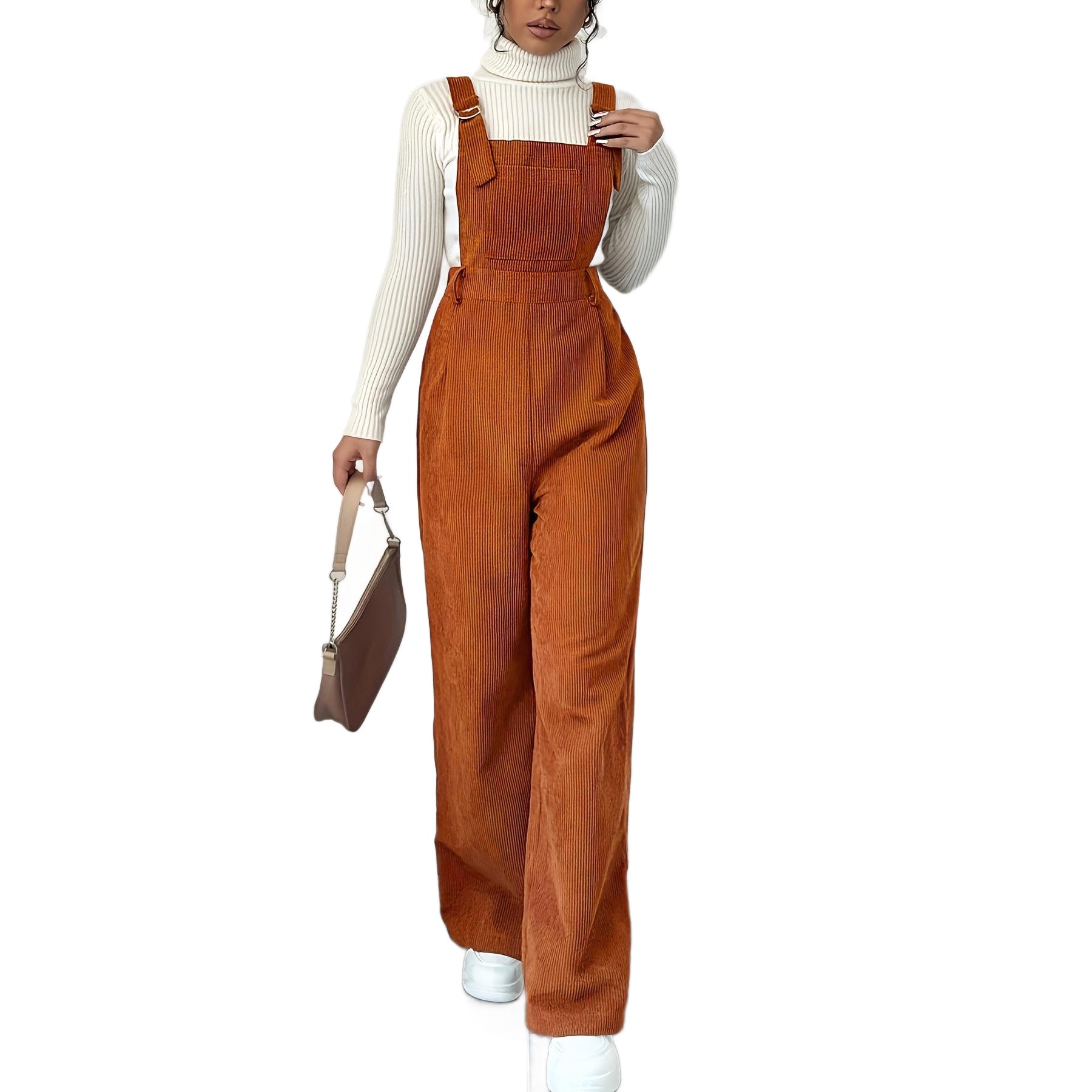 Corduroy Loose Fit Bib Pants With Straight Leg Silhouette