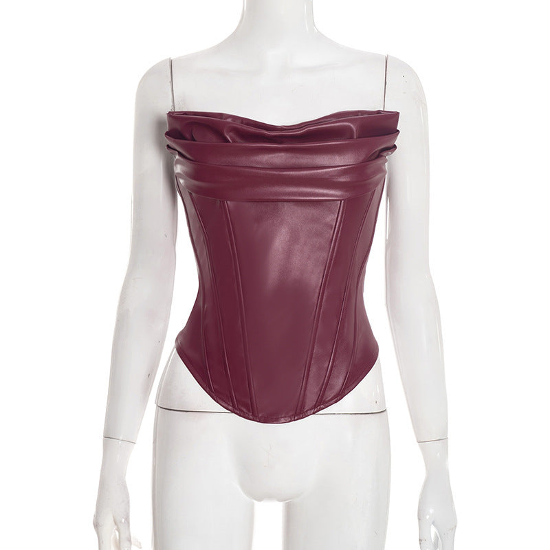 Women's PU Leather Sleeveless Corset Top With Fishbone Straps