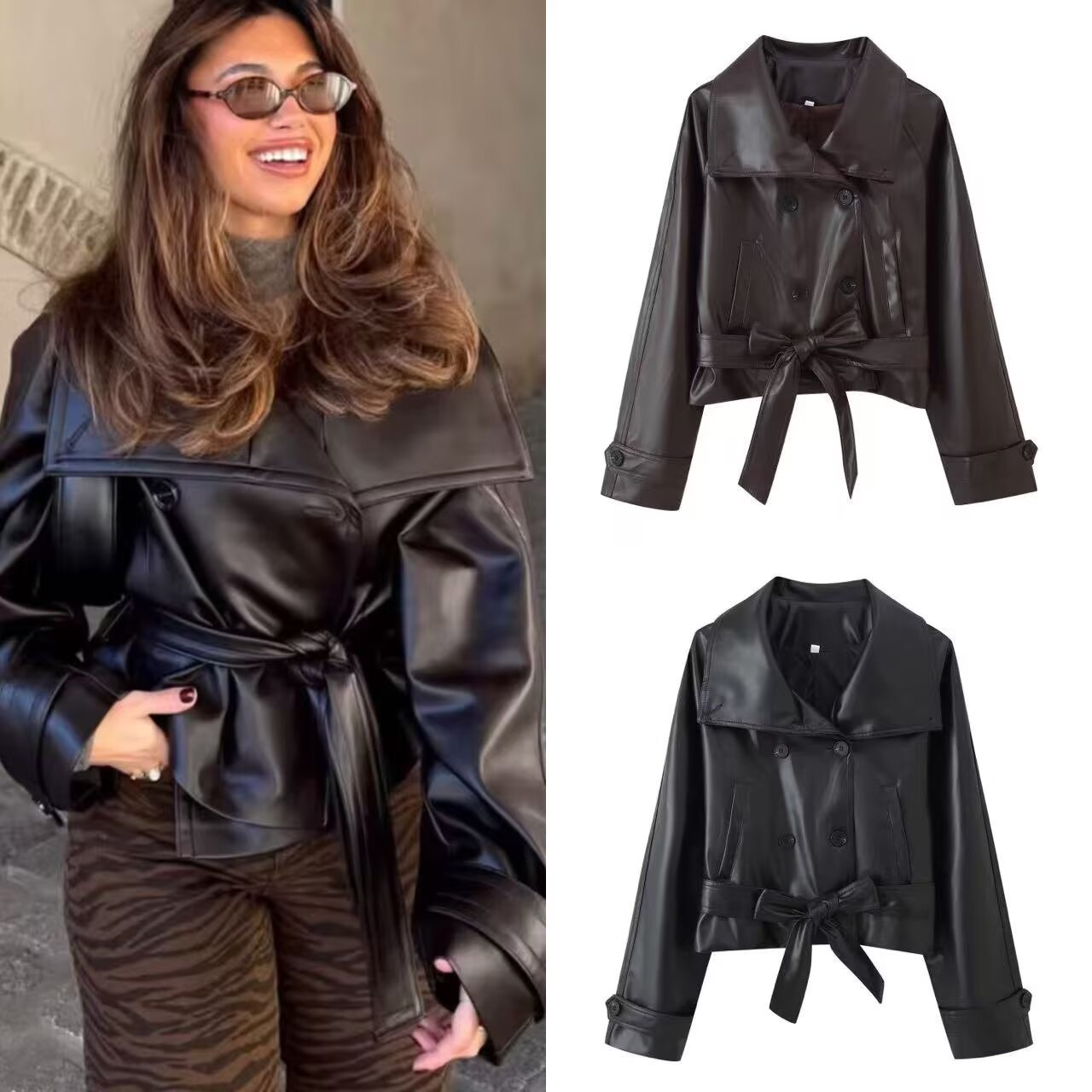 Two-Tone Double Breasted Short Lace Up Faux Leather Coat