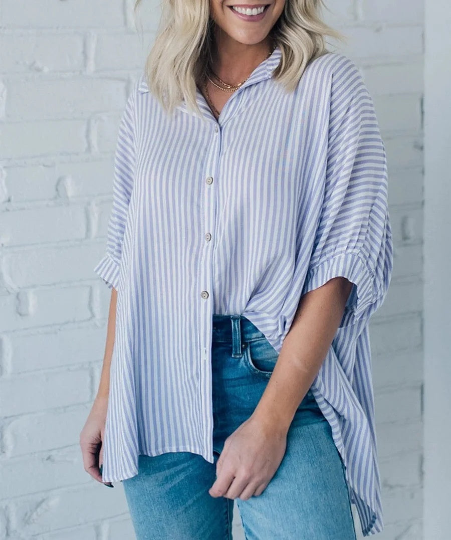 Women's Striped Loose Fit Three-Quarter Sleeve Casual Button Shirt
