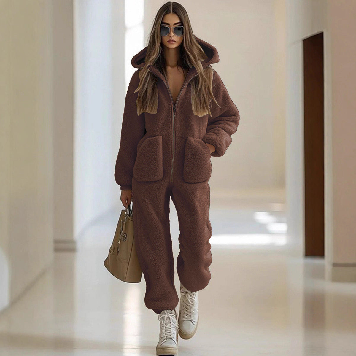 Hooded Plush Jumpsuit With Loose Fit And Cozy Warmth