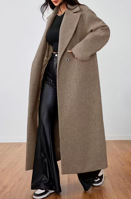 Long Lapel Wool-Effect Coat For Women In Neutral Shades