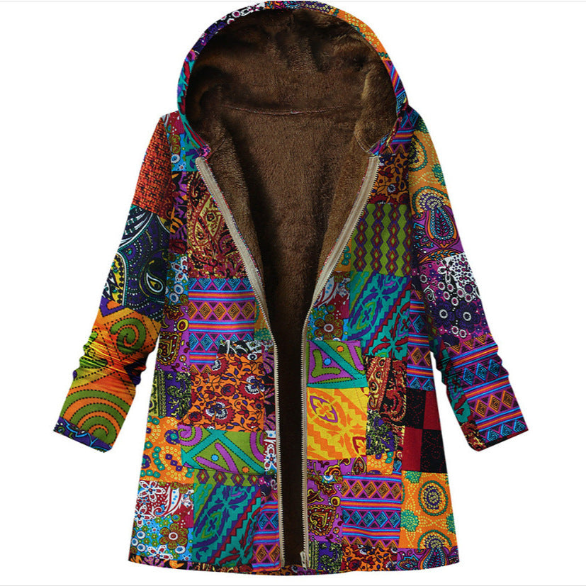 Retro Printed Hooded Zipper Coat With Large Pockets For Women